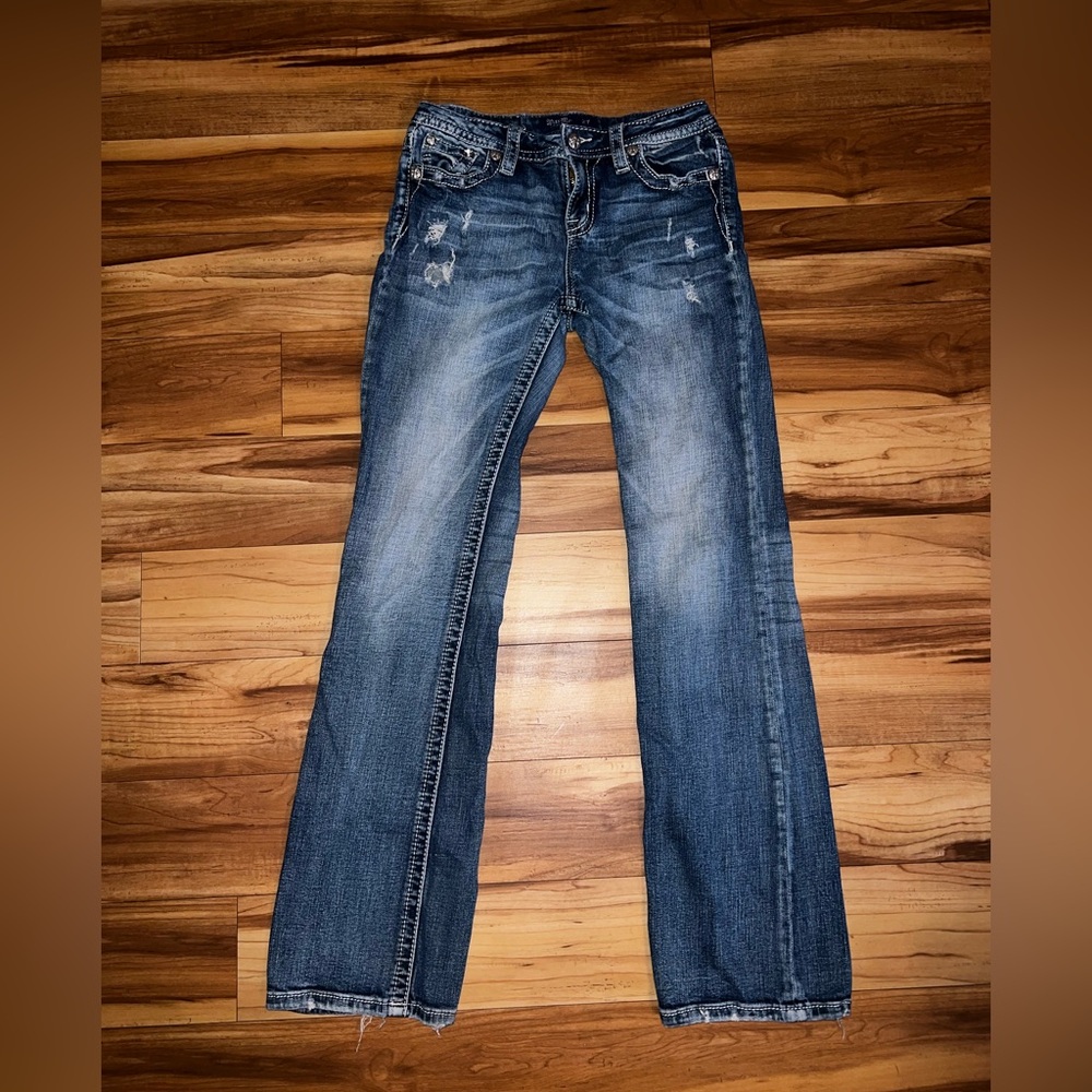 Miss Me Blue Boot Cut Jeans with Distressed Accents